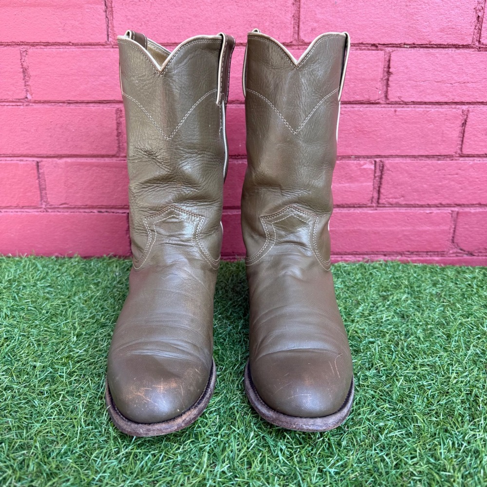Vtg Justin Cowboy Roper Boots Style T 7622‎ Womens 6 B Olive Made in USA Western